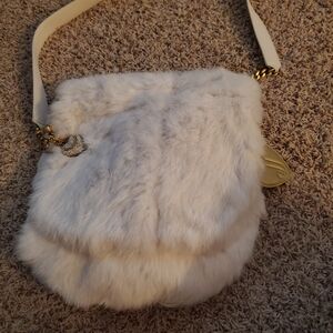 Vintage Original Y2k Juicy Couture White Rabbit Fur Crossbody With Juicy Jewels.